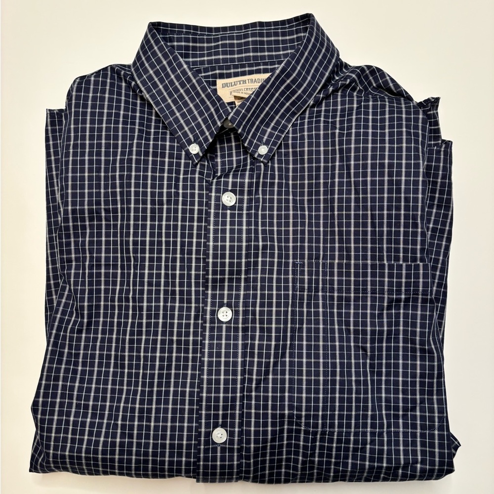 Duluth Trading Co Wrinkle Fighter Blue & White Plaid Long Sleeves Mens Large